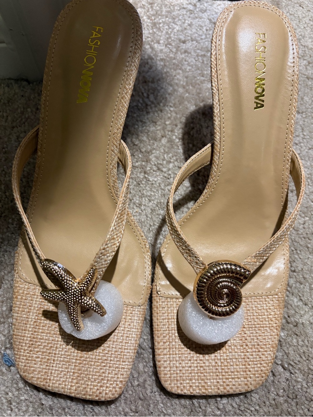 Fashion Nova Beige Woven Slide Mules with Shell & Starfish Accents